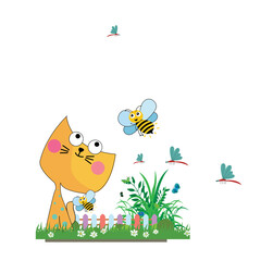 llustration cartoon cat bee art design graphic animal print friend kitty baby card colorful sitting