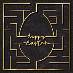 Happy Easter Gold Square Maze Logo as Labyrinth Combined with Egg Shape and Lettering - Golden on Black Paper Background - Hand Drawn Doodle Design