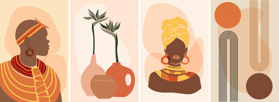 A set of artistic abstract minimalistic illustrations in the African style. A dark-skinned man in profile and a woman in a turban against a background of simple forms. The arch of the rainbow and sun