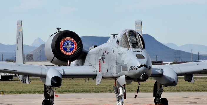An Air Force A-10 Warthog/Thunderbolt II parked on a runway.