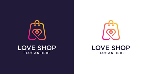 Online Shop logo designs template, Bag Shop and love symbol logo icon