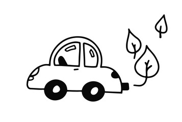 E car Doodle. Green energy and e Auto. Sketch ecology transport. Clean auto. CO2 neutral. Rechargeable car. Emissions co2.Vector collection.