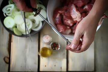 Cooking meat for barbecue. Bowl with pieces of meat and raw onions. Male hands are holding pieces of meat for barbecue.