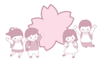 かわいい小学生4人と大きな桜の花の春の入学進級手描き風ピンクイラスト