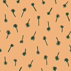 Abstract palm tree vector seamless repeat pattern with orange background.