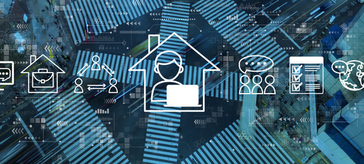 Remote Work theme with busy city traffic intersection