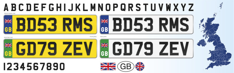 United Kingdom car license plate, letters, numbers and symbols, vector illustration, after brexit