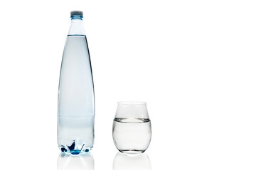 plastic bottle and glass of water with reflection isolated on white background, copy space