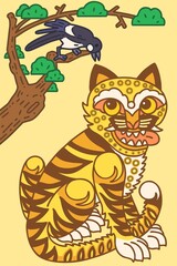 A tiger and a magpie drawn in the style of Minhwa. Minhwa refers to Korean folk art produced mostly by itinerant or unknown artists without formal training.