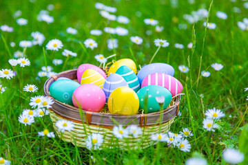 viele bunte Ostereier in einem Korb auf der Wiese	
