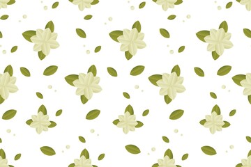 seamless pattern with white floral elements and leaves, vector graphics, spring, summer, light, fresh background