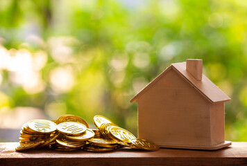 House Model and Golden Coins with blur Background, Business, Finance and Banking concept.