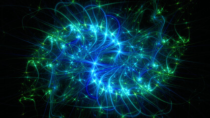 Abstract background, smooth multicolored lines on a black background.