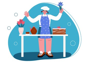 The happy cook baked a cake. Preparation for the holiday, flowers in a vase. On the table is a cake, a tea set. Vector illustration in cartoon style.
