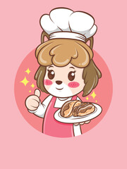 cute female dog chef holding a cake. bakery chef concept. cartoon character and mascot illustration.