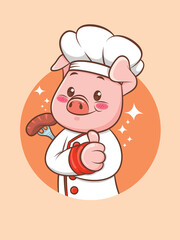 Cute pig chef holding a grilled sausage. cartoon character and mascot illustration.