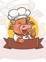 cute chef cow cartoon character - mascot and illustration