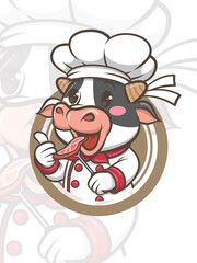 cute chef cow cartoon character holding grill steak - mascot and illustration