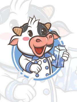 cute chef cow cartoon character holding packaged milk - mascot and illustration