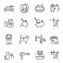 Fototapeta premium Collection of pet care line icon vector illustration. Set of different lineart veterinary sign