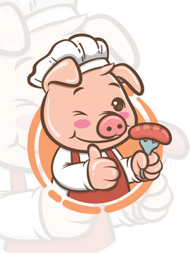 Cute chef pig cartoon character holding grill sausage - mascot and illustration