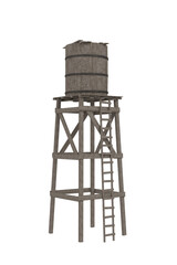 A vintage wooden water tower from the old wild west. 3D illustration isolated on white.