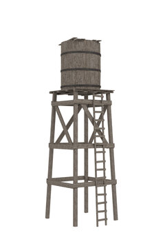 A Vintage Wooden Water Tower From The Old Wild West. 3D Illustration Isolated On White.