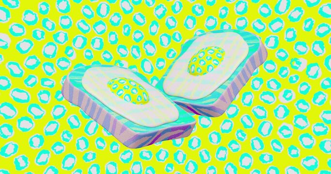 Minimal motion design. 3d creative fried eggs moves in abstract animal pattern space.4k video Food, health, vegan food concept.