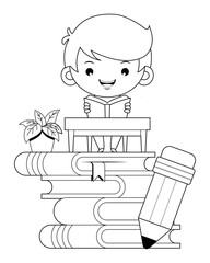Coloring book for kids. Happy Boy Reading Book On Stack Of Books