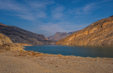Tortum lake, beautiful landscape. Tortum Lake formed on Tortum Stream. Paradise lake with azure water. January 2021