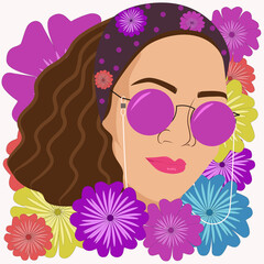 Portriat of beautiful young girl with sunglasses surrounded flowers. Spring concept, Fashion vector illustration.