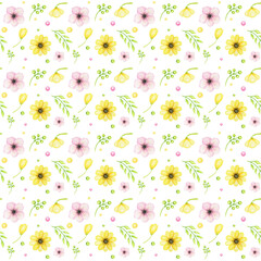 Spring flowers Seamless pattern Beautiful bright colors watercolor flowers. Spring Yellow blue pink flower with green leaf, willow background. Design for invitation, scrapbooking, fabric, texture
