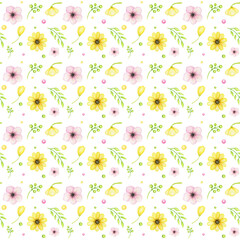 Spring flowers Seamless pattern Beautiful bright colors watercolor flowers. Spring Yellow blue pink flower with green leaf, willow background. Design for invitation, scrapbooking, fabric, texture