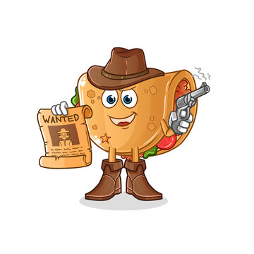 burrito cowboy holding gun and wanted poster illustration. character vector