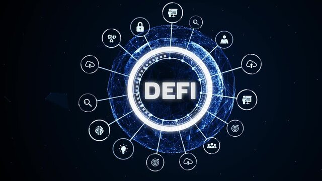 DeFi -Decentralized Finance on dark blue abstract polygonal background. Concept of blockchain, decentralized financial system.
