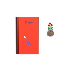 Red diary with a vase of flowers on a white background