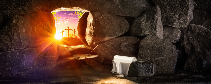 Empty Tomb With Linen Cloth At Sunrise With Sunlight Shining Through The Open Door And 
Three Crosses In The Distance - Crucifixion And Resurrection Concept