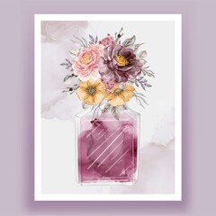 perfume with flower pink purple vintage watercolor illustration