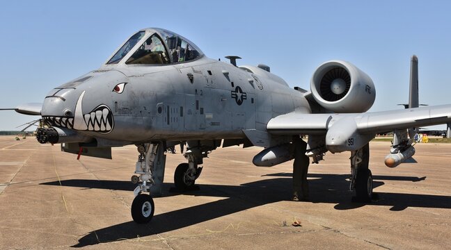 An Air Force A-10 Warthog/Thunderbolt II parked on a runway.