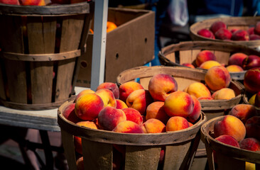 basket of fresh peaches at a farmers market 