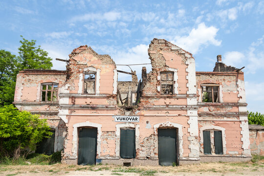 Vukovar train station, heavily ruined and damaged following the Serbia Croatia war. The city became one of the centers of the 1991-1995 conflict destroying local infrastructure due to bullet shooting