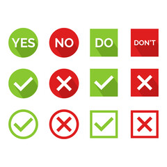 Flat vector illustration of a yes or no icon. Perfect for design element from tips and tricks article, infographic, tutorial, pros and cons and choosing guide. Cross and check icon set.