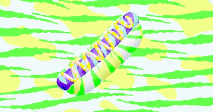 Minimal motion 3d art. Creative animal print hot dog animation.Food, health, fast food funny vegan concept