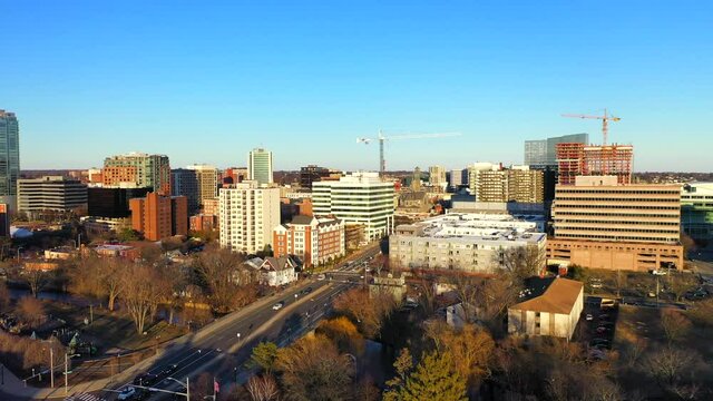 Aerial Dolly Shot of the Stamford, CT City Skyline