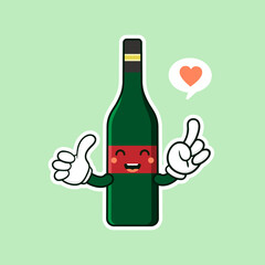 cute and kawaii wine bottle cartoon character flat style vector illustration. funky smiling glass wine bottle character design template for wine menu or wine map