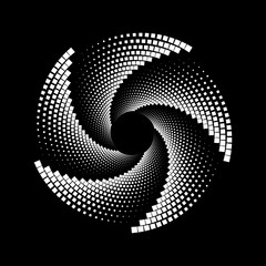 White halftone dotted shape in spiral form. Geometric art. Trendy design element for frame, logo, blackout tattoo, symbol, web, prints, posters, template, pattern and abstract background