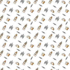 Vector pattern for packaging bakery products in a fashionable linear style. Seamless pattern with linear icons: bread, loaves, rye, ears, baguettes, cakes, loaves. Templates for creating logos.