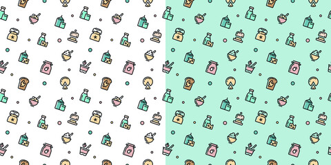 Seamless vector patterns of milk icons. Milk background, color icons, background of farm products. Cartoon pattern.