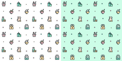 Seamless vector patterns of milk icons. Milk background, color icons, background of farm products. Cartoon pattern. A pattern for packaging dairy products.