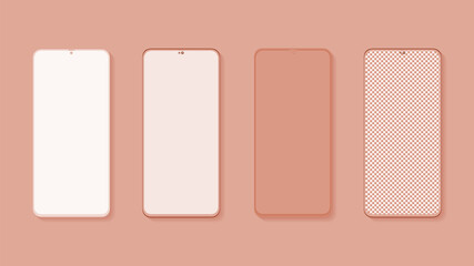 Realistic pink smartphone mockup. Mobile phone display, device screen frame and black smartphones vector 3D template illustration set. Communication mean, modern gadget model presentation